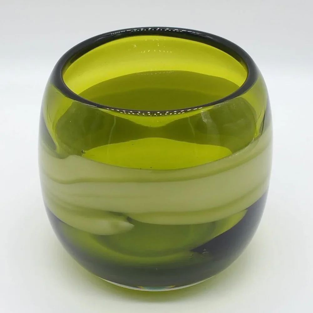 Vintage Pier 1 Hand Blown Green Glass Candle Holder, Art Glass, Decor